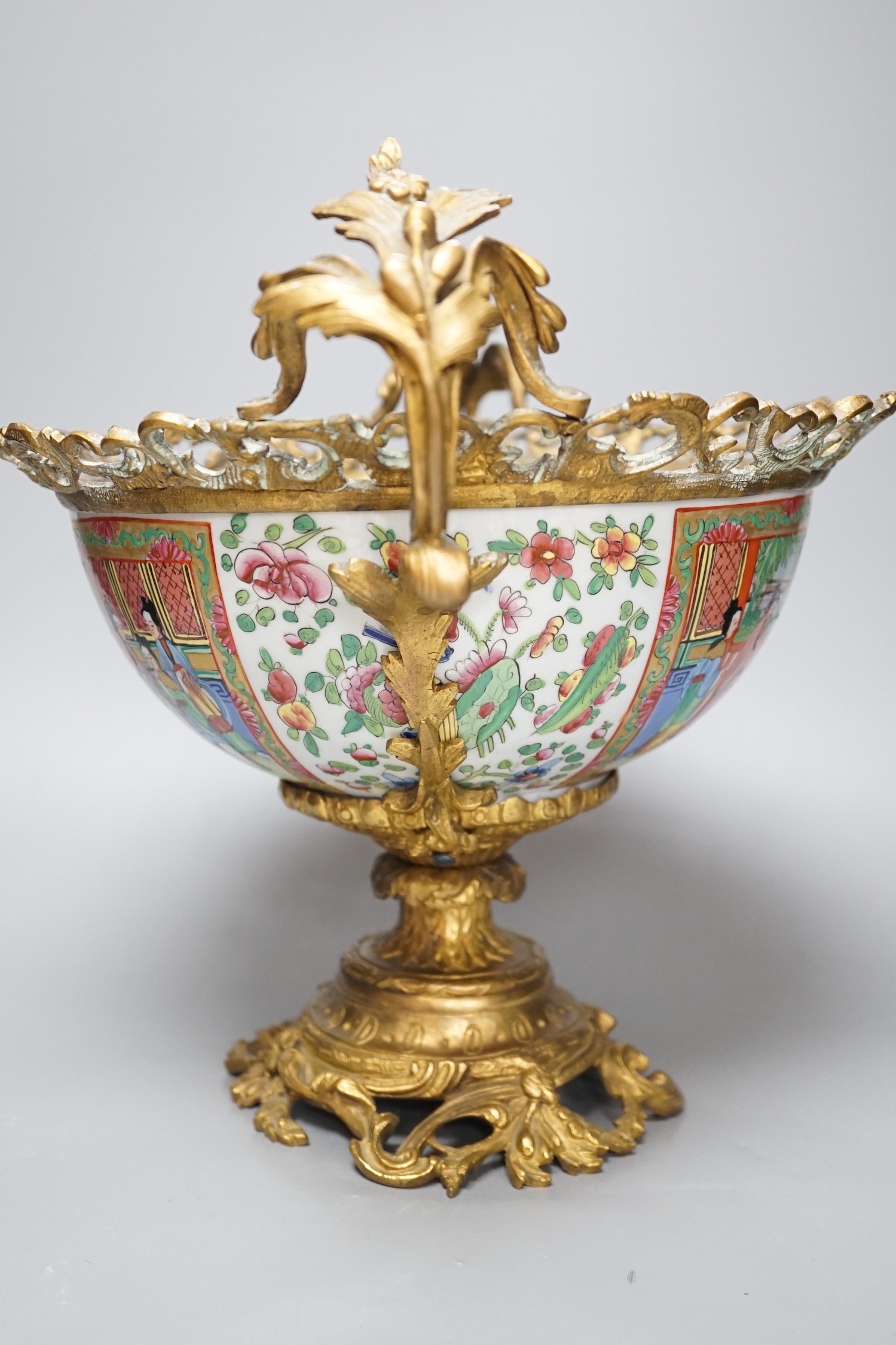 A late 19th century Chinese famille rose bowl with French ormolu mounts, 32cm